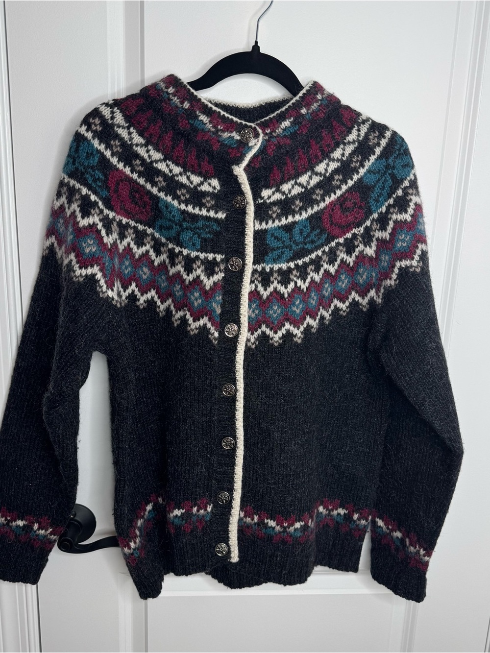 Woolrich Fair Isle Knit Button-Front Mock Neck vintage Cardigan Sweater XL